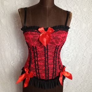 Just Sexy Intimates Red Black Lace Ribbon Bow Boned Bustier Corset Lingerie S